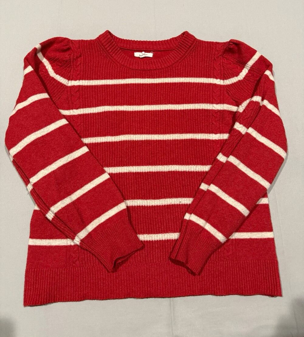 Matrices Red & White Striped Cable Knit Crewneck Long Sleeve Pullover Sweater